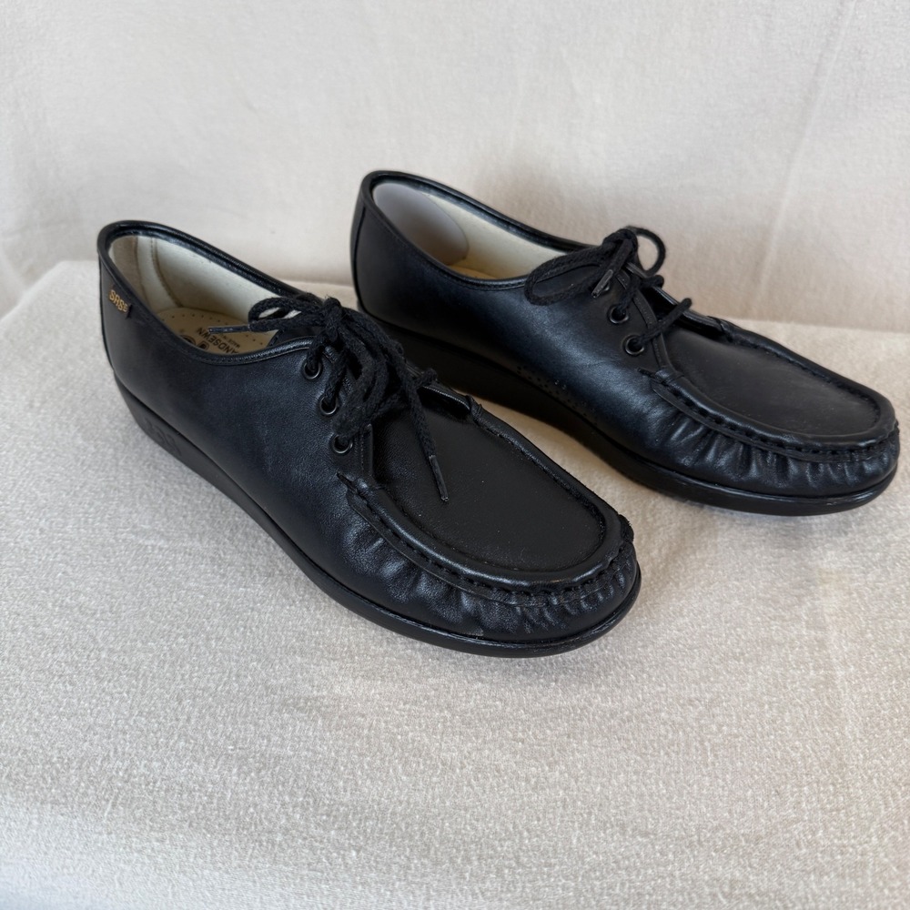 SAS Siesta Womens 10 N Black Leather Lace Up Moc‎ Toe Walking Shoes Loafers USA - Picture 2 of 6